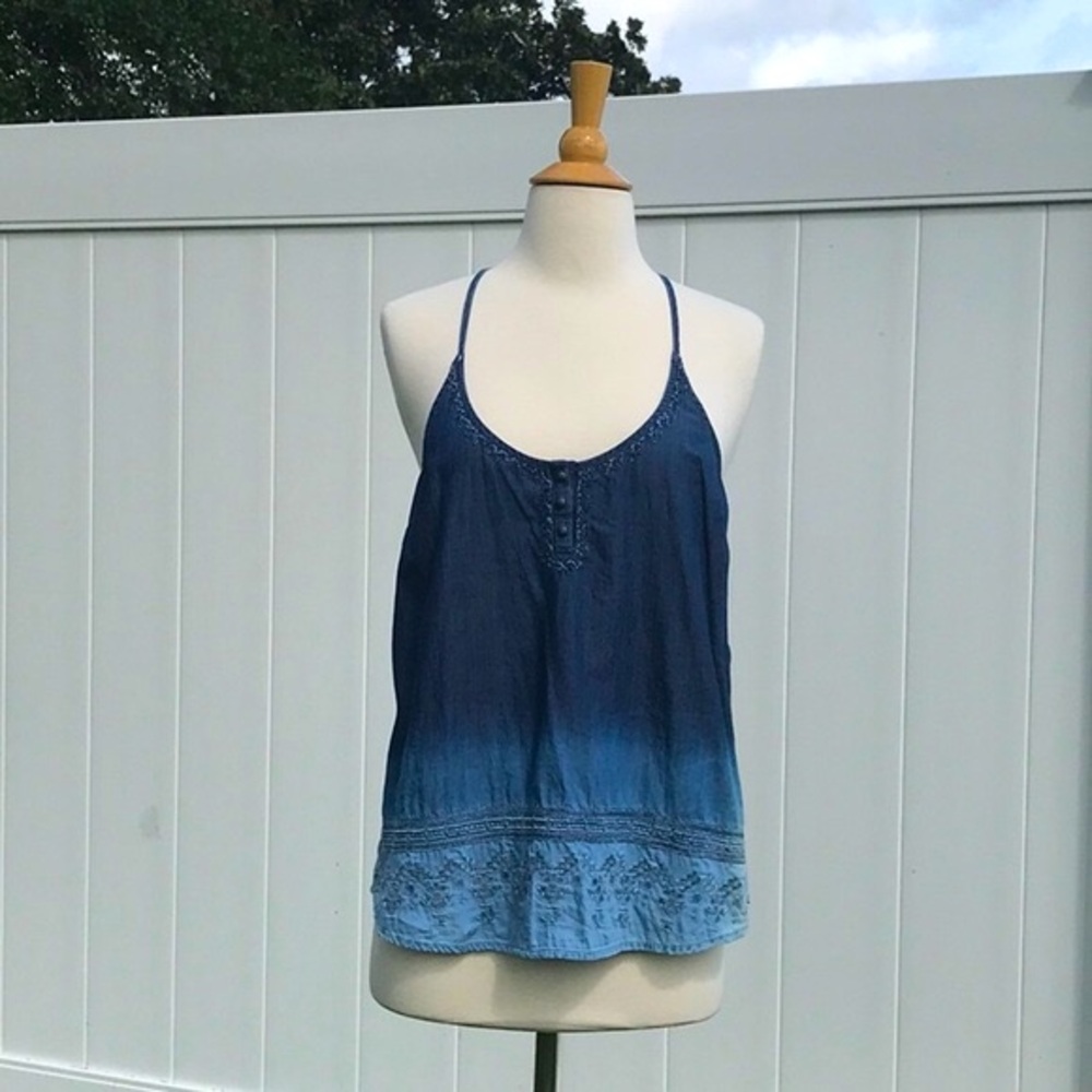 Lucky 🍀 Brand Embroidered Halter Top in Shades of Blue Denim Size Medium